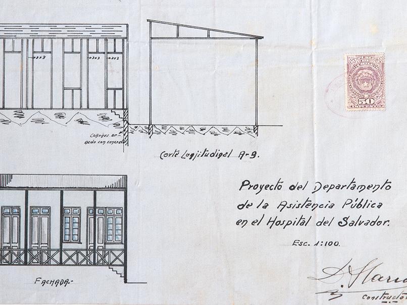 Detalle plano original Hospital del Salvador. 1920. Proyecto del Departamento de Asistencia Pública.