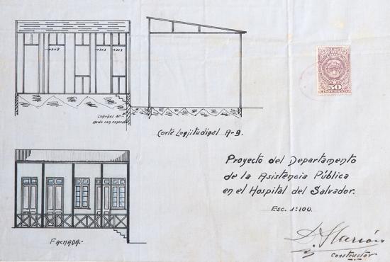 Detalle plano original Hospital del Salvador. 1920. Proyecto del Departamento de Asistencia Pública.