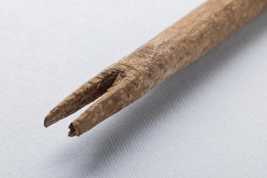 Detalle de la cavidad en V para el acople de la punta lítica de un fragmento de cabezal de arpón tipo D Detalle de la cavidad en V para el acople de la punta lítica de un fragmento de cabezal de arpón tipo D