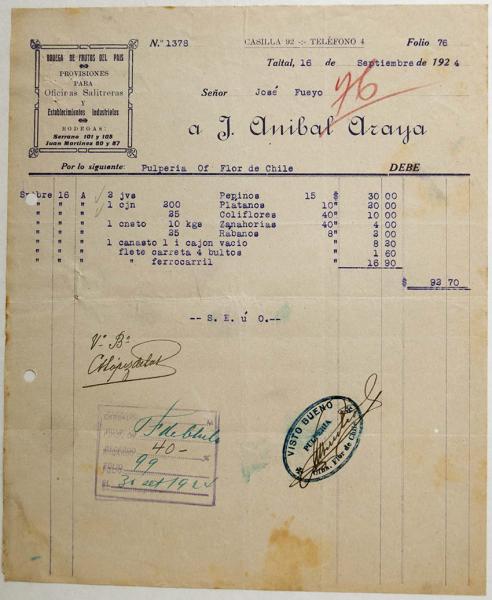 Factura de provisiones de pulpería de oficina salitrera Flor de Chile