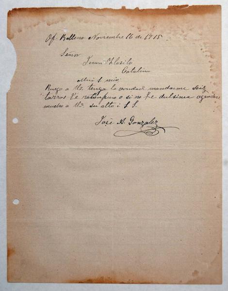 Carta solicitando cargamento de té Ratanpuro